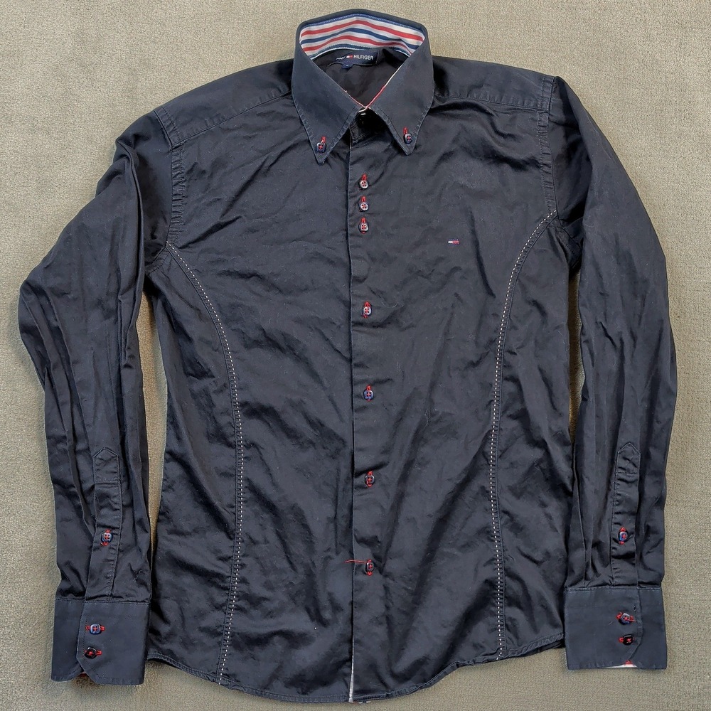 Tommy Hilfiger Shirt Mens Small Black Cotton Made in Italy Slim Fit Button Down